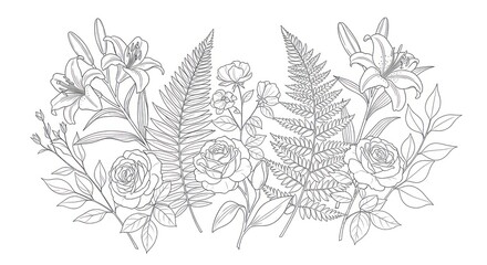 Elegant line drawing featuring lilies, roses, fern fronds, and delicate foliage, symmetrically arranged