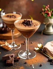 Two elegant chocolate desserts in martini glasses