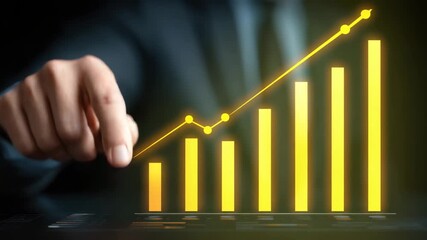 Business growth chart financial success digital graph hand pointing yellow bar graph upward trend data analysis investment increase technology interface progress visualization glowing orange bars - Powered by Adobe