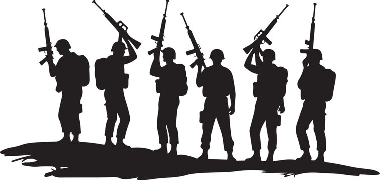 Black silhouette of soldiers with rifles on white background