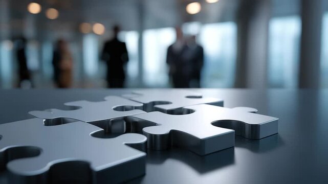 Silver puzzle pieces office table symbolize teamwork collaboration connection solution business strategy with metal piece reflection modern professional environment fostering group problem solving