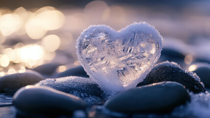 Heart shaped ice sculpture resting on smooth stone surface with warm bokeh light background creating romantic winter atmosphere for valentine celebration