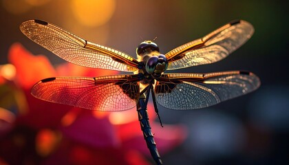 Dragonfly illuminated by warm light