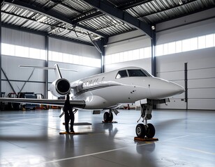 Private jet being serviced in an airport hangar