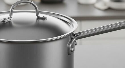 Sleek stainless steel saucepan with lid in pristine kitchen setting