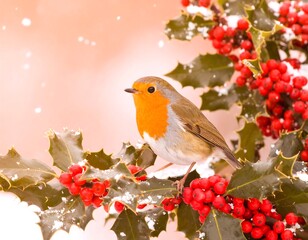 Robin on holly branch in snow