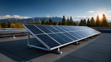 Solar panel installation on rooftop with mountain and forest background during sunset, showcasing clean energy technology and sustainable power generation under blue sky with renewable energy benefits - Powered by Adobe