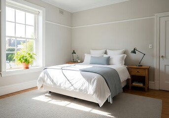 Tranquil bedroom interior with soft light creating a calming atmosphere and a relaxing place to rest
