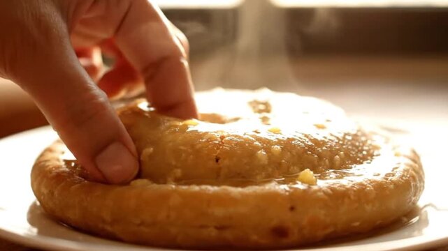 Golden brown sweet bread with steam rising on a white plate, a delicious homemade treat baking demonstration, warm and inviting cooking video clip