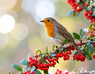 Robin perched on a branch with red berries.  Blurred bokeh background