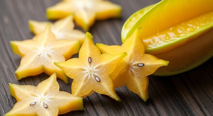 Vibrant Star Fruit Slices on Weathered Wood Surface in Artistic Composition