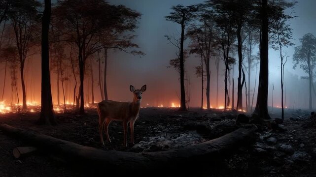 Deer in dark forest facing wildfire with glowing flames and smoke at night, natures danger unfolds as fire spreads among trees, animals confront intense smoke and blazing wildfire in forest