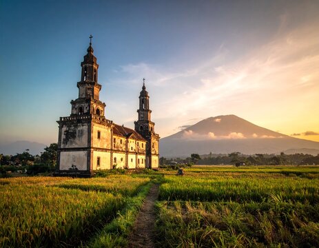 Ruins of San Guillermo Parish Church with Mount Arayat, Philippines