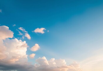 Fototapeta premium Serene morning sky, vibrant blue with fluffy white clouds, tranquility, background