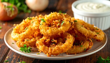 Crispy fried onion rings with a creamy dip