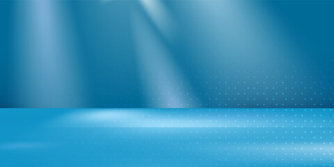 Abstract blue background for product presentation with sunlight and blurred shadows wall. Winter background.