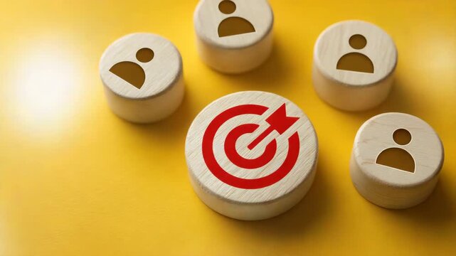 Wooden blocks with target and user icons on yellow background symbolize goal achievement team focus business strategy leadership communication connection success teamwork bright clear image