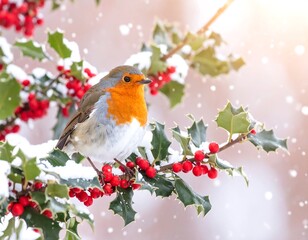 Robin perched on snowy holly branches