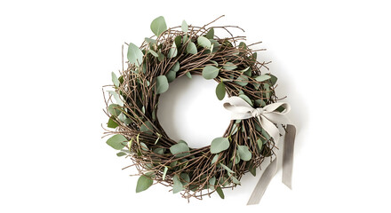 Minimalist Christmas wreath made of twigs and eucalyptus leaves with beige ribbon bow tied at the bottom right, isolated on white background, natural rustic holiday decoration.