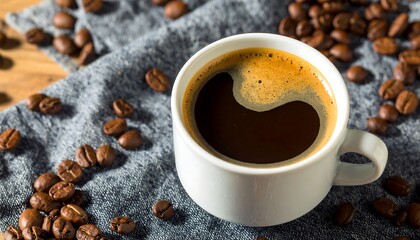 Cup of dark coffee with roasted beans