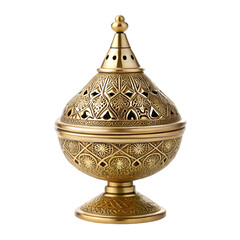 Antique Gold Incense Burner with Complex Geometric and Leaf Motifs and Perforated Lid oud burner