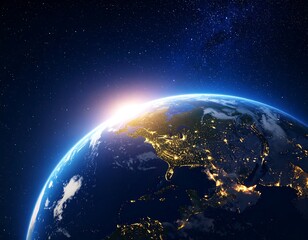 Earth from space at sunrise, city lights shimmer!!