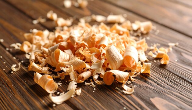 Curly wood shavings piled on a dark wood surface