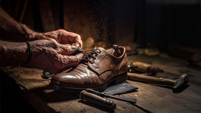 A shoemaker's hands meticulously lacing a classic brown leather shoe on a wooden workbench. Features traditional tools and dust motes in cinematic lighting.