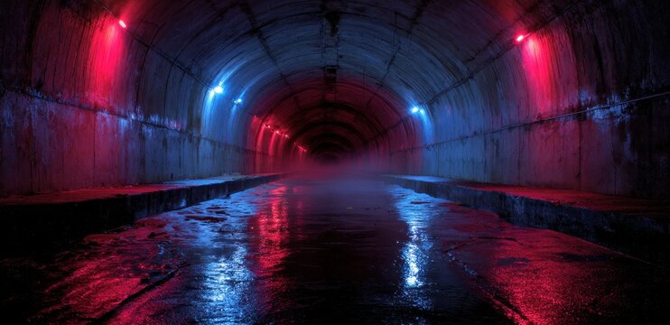 Dark underground tunnel with wet reflective floor illuminated by red and blue neon lights