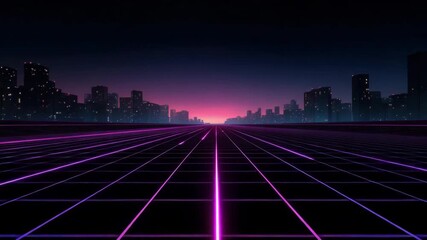 Neon grid futuristic city digital landscape with glowing lines and night skyline featuring retro wave purple light horizon technology cyberpunk urban modern architecture illuminated dark perspective - Powered by Adobe