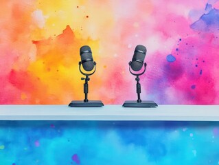 Two professional microphones with adjustable stands positioned on a white table against a vibrant abstract watercolor background, suitable for podcast or broadcast recording setup