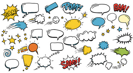 Vibrant comic speech bubbles and sound effects, a dynamic doodle collection