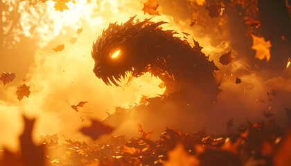 Fire Dragon Head Glowing Eyes Autumn Leaves Dramatic Art