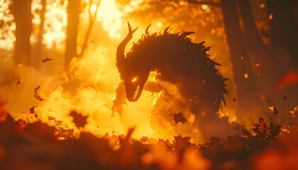 Fiery Dragon Silhouette Autumn Forest Golden Sunset Art