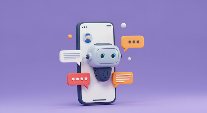 Illustration of a smartphone with a chatbot character in a vibrant color scheme