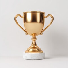 Elegant gold trophy cup with handles on a white marble base against a plain