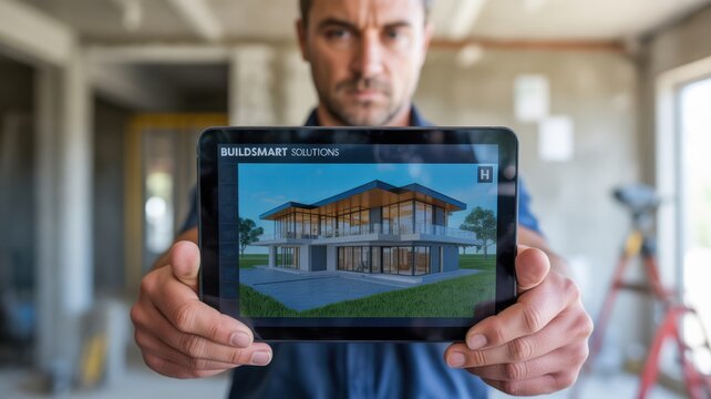customer care builders concept. A man shows a digital architectural model on a tablet in a construction site.
