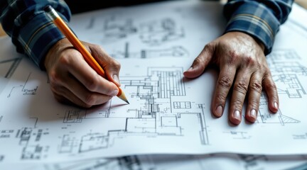 customer care builders concept. Hands sketching architectural plans with pencil on blueprints.