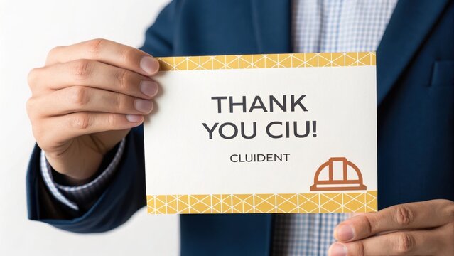 customer care builders concept. Thank you card held by a person in a suit with construction theme. - Powered by Adobe