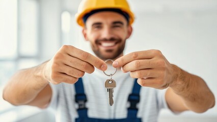 customer care builders concept. Smiling worker holding keys with a construction helmet on.