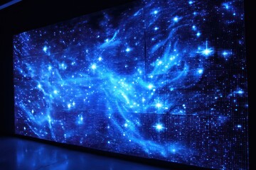 Large led display showing an image of a blue nebula with many bright stars and glowing clouds