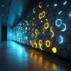 Illuminated hallway with hexagonal wall decor in blue and gold futuristic design aesthetic look