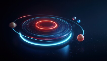 Glowing solar system model with planets orbiting a central light source on a dark background