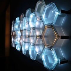 Illuminated hexagonal panels arranged on a wall creating a honeycomb pattern in a dark environment