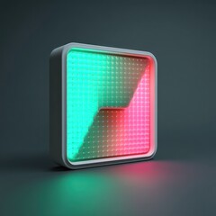 Illuminated square panel with green and pink gradient on a dark surface with a reflective glow