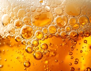 Macro shot of golden bubbles and foam on a liquid