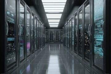 A long corridor filled with server racks under bright lights in a data center environment setting view