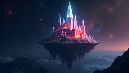 Celestial Fortress: A majestic castle, seemingly floating amidst the clouds and starlight, evokes a sense of fantasy and wonder with its radiant lights and imposing spires.