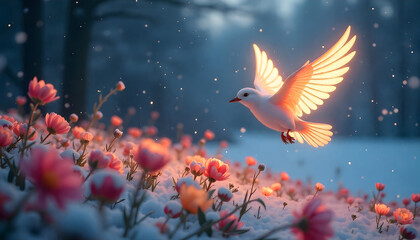 Glowing Dove in a Serene Landscape: A divine dove soars gracefully above a field of blossoming flowers, bathed in an ethereal light. Snowy ground under flowers that embodies both peace and magic.