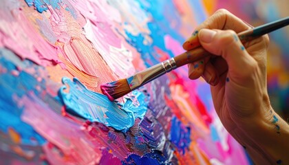 A close-up view of a hand painting vibrant colors on a textured canvas with a brush.